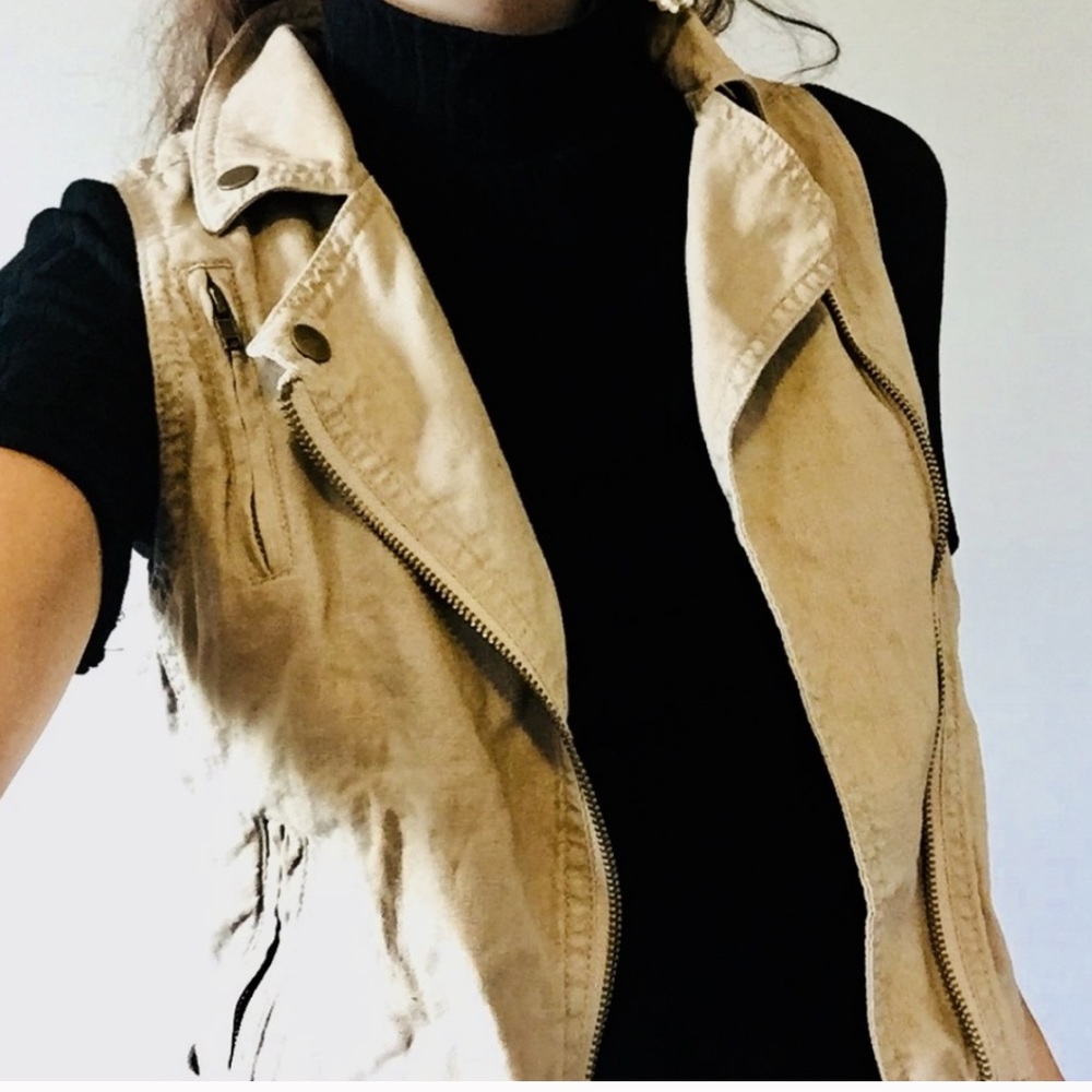 Khaki Tan Linen Moto Vest Jacket Maurices Boho Coat XS S Top Vintage Cute Kawaii